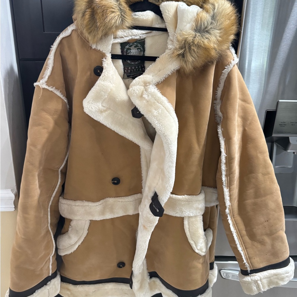 Jordan Craig Tan and Cream Faux-Shearling Puffer Coat with Fur Trim